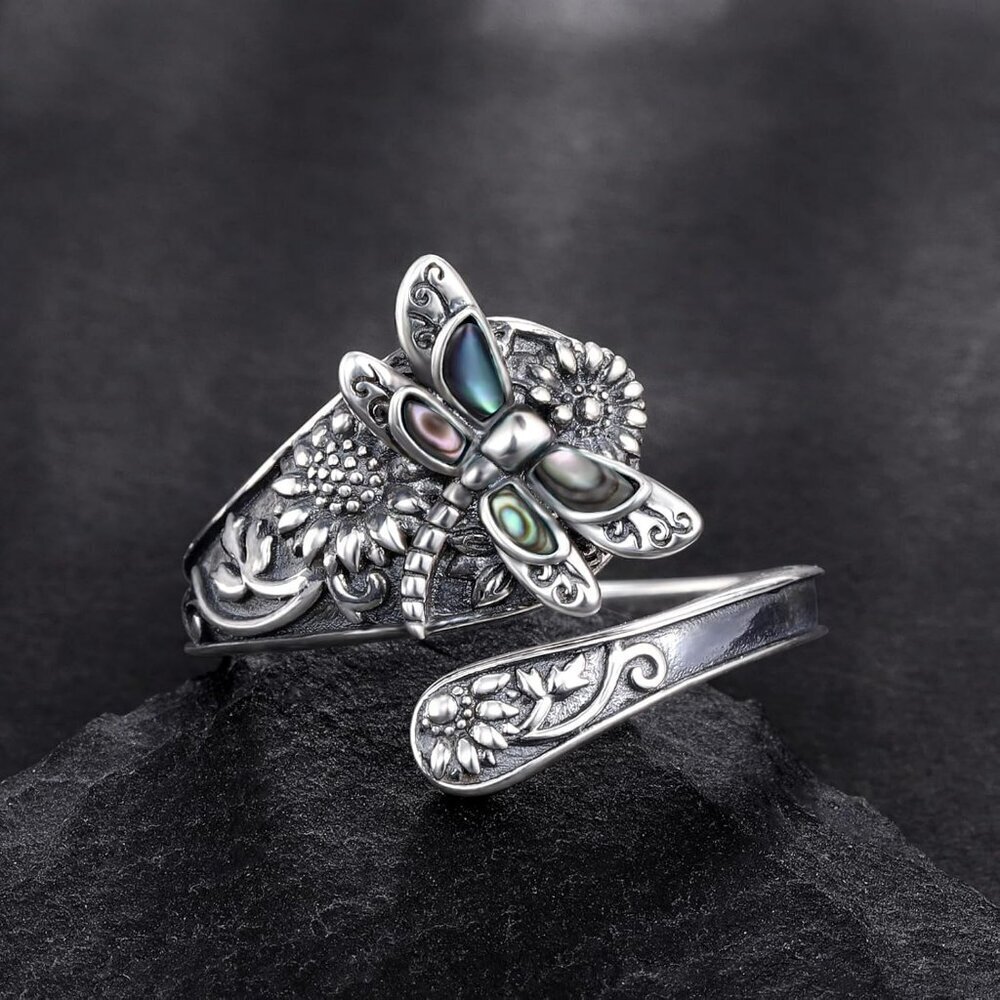 S925-Sterling-Silver Turquoise Dragonfly/Butterfly Spoon Ring - Vintage Boho Sun - Picture 2 of 6